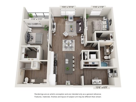 Floor plan for 2 beds, 2 baths, 1310 sqft