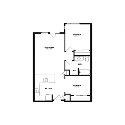 Floor plan for 1 bed, 1 bath, 834 sqft