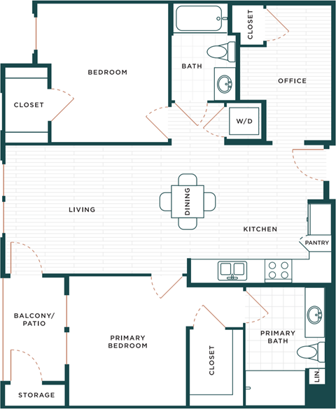Floor plan for 2 beds, 2 baths, 1121 sqft