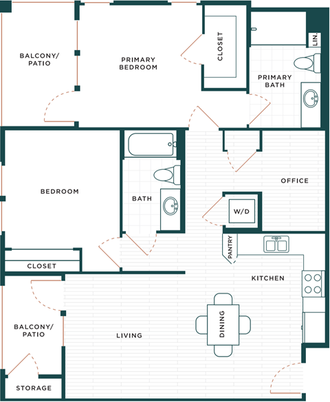 Floor plan for 2 beds, 2 baths, 1118 sqft