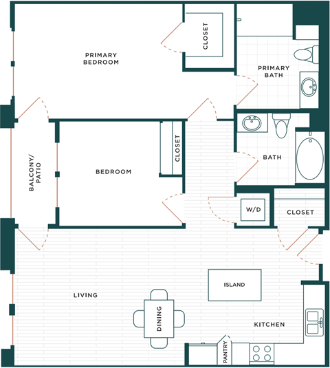 Floor plan for 2 beds, 2 baths, 1127 sqft