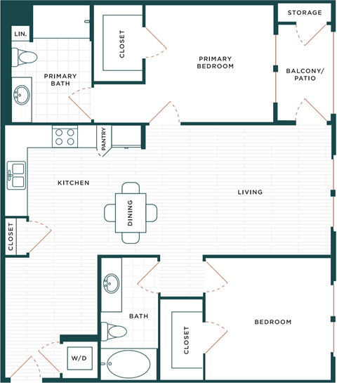 Floor plan for 2 beds, 2 baths, 1118 sqft