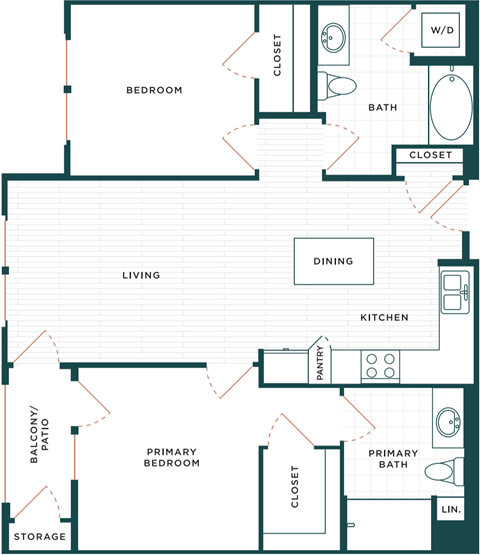 Floor plan for 2 beds, 2 baths, 1024 sqft