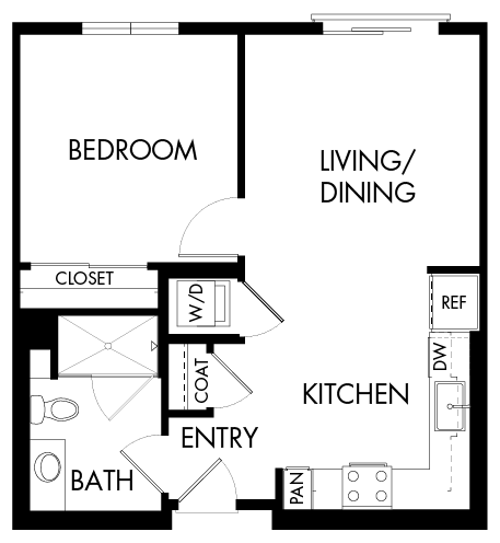 Floor plan for 1 bed, 1 bath, 609 sqft