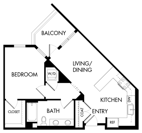 Floor plan for 1 bed, 1 bath, 667 sqft