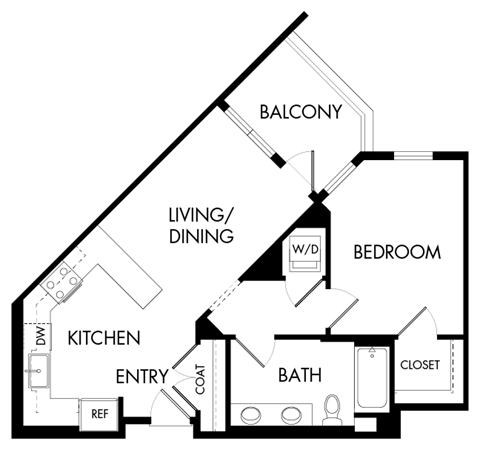 Floor plan for 1 bed, 1 bath, 657 sqft
