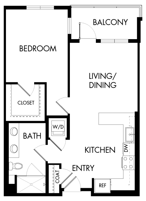 Floor plan for 1 bed, 1 bath, 718 sqft