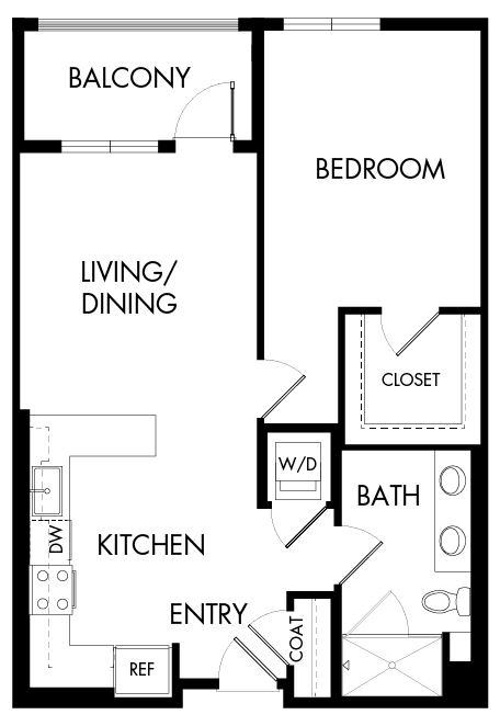 Floor plan for 1 bed, 1 bath, 751 sqft