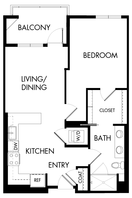 Floor plan for 1 bed, 1 bath, 745 sqft