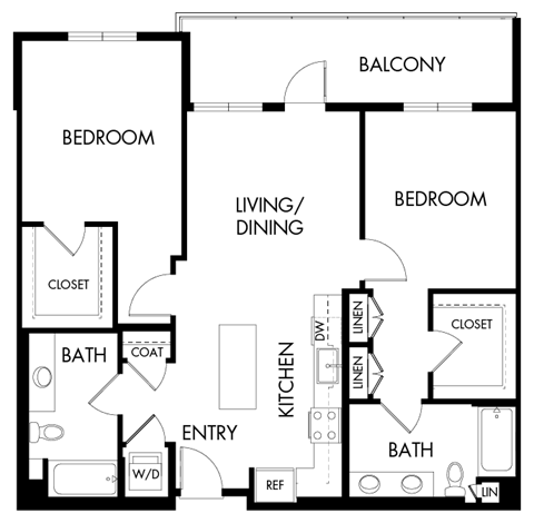 Floor plan for 2 beds, 2 baths, 1102 sqft