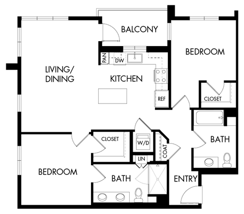 Floor plan for 2 beds, 2 baths, 1097 sqft