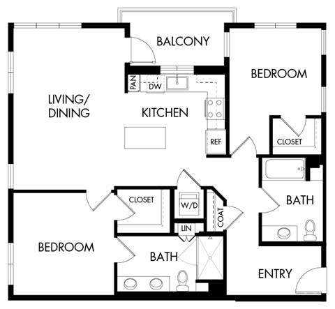 Floor plan for 2 beds, 2 baths, 1131 sqft