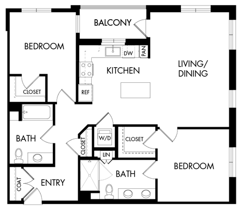 Floor plan for 2 beds, 2 baths, 1131 sqft