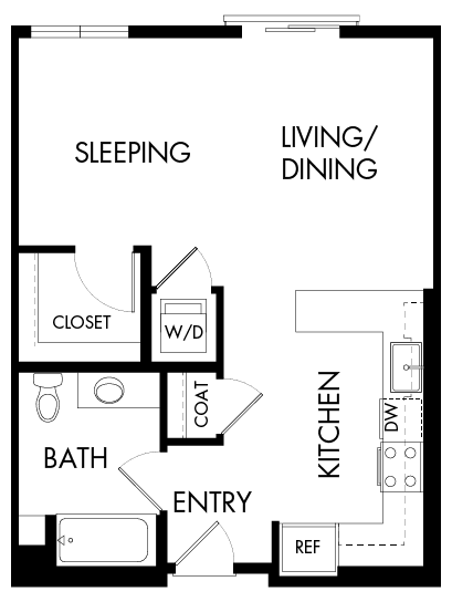 Floor plan for studio, 1 bath, 601 sqft