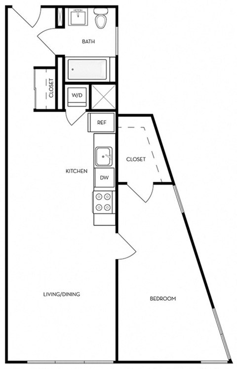 Floor plan for 1 bed, 1 bath, 704 sqft
