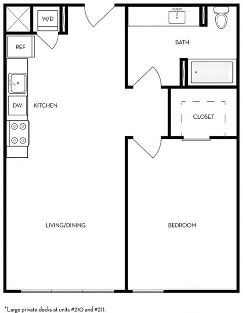 Floor plan for 1 bed, 1 bath, 619 sqft