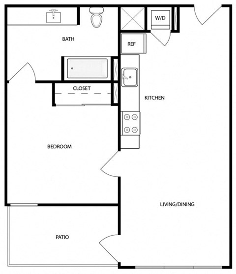 Floor plan for 1 bed, 1 bath, 625 sqft