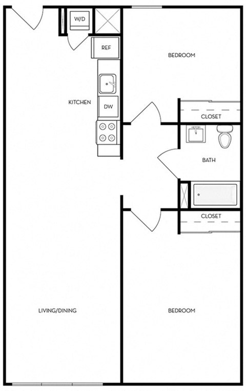 Floor plan for 2 beds, 1 bath, 977 sqft