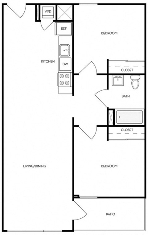 Floor plan for 2 beds, 1 bath, 899 sqft