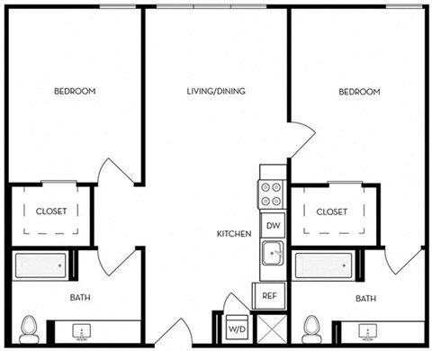 Floor plan for 2 beds, 2 baths, 1078 sqft