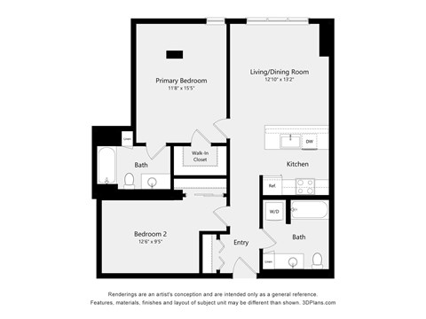 Floor plan for 2 beds, 2 baths, 946 sqft