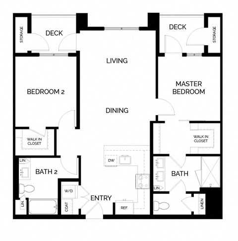 Floor plan for 2 beds, 2 baths, 1077 sqft