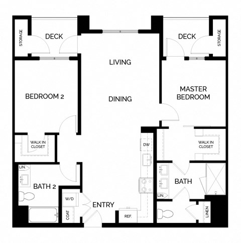 Floor plan for 2 beds, 2 baths, 1077 sqft