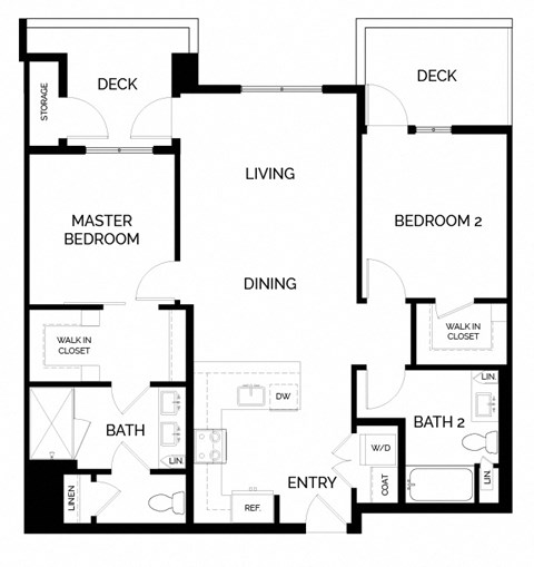 Floor plan for 2 beds, 2 baths, 1073 sqft