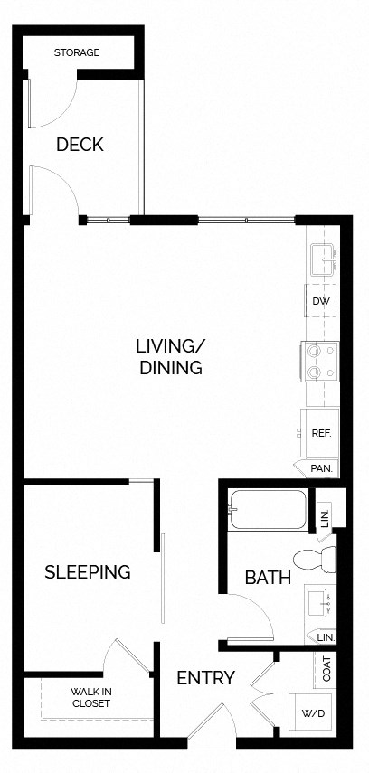 Floor plan for studio, 1 bath, 674 sqft