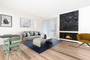 Los Angeles apartment for rent - A living room with a fireplace and a grey couch.
