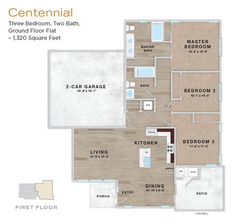 Floor plan for 3 beds, 2 baths, 1320 sqft