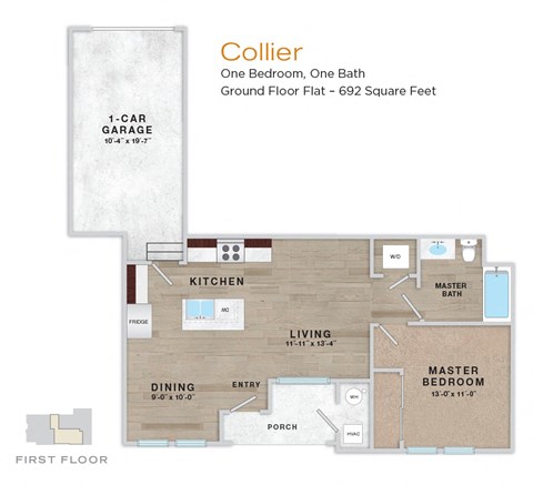 Floor plan for 1 bed, 1 bath, 692 sqft