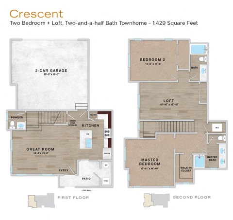 Floor plan for 2 beds, 2.5 baths, 1428 sqft