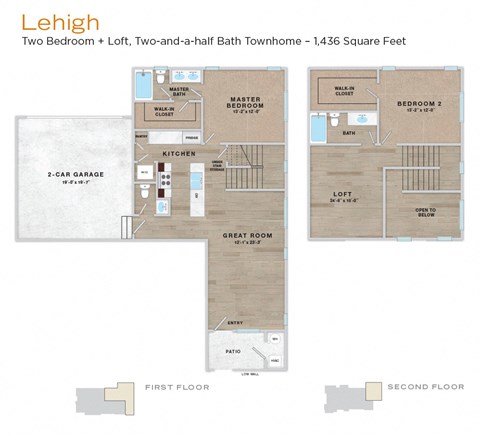Floor plan for 2 beds, 2.5 baths, 1436 sqft