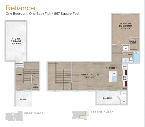 Floor plan for 1 bed, 1 bath, 867 sqft