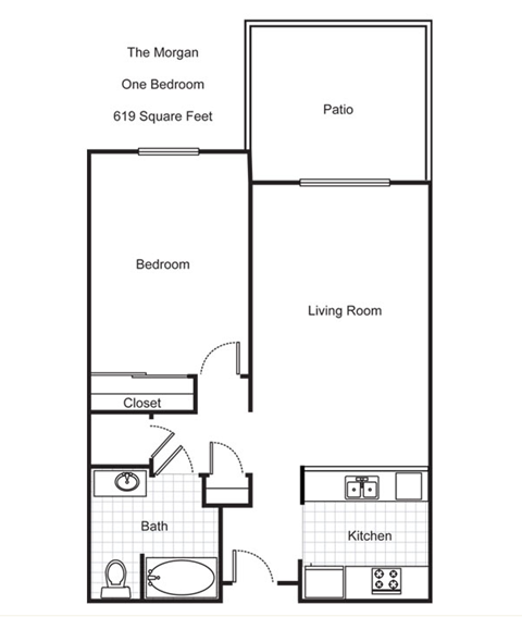 Floor plan for 1 bed, 1 bath, 619 sqft