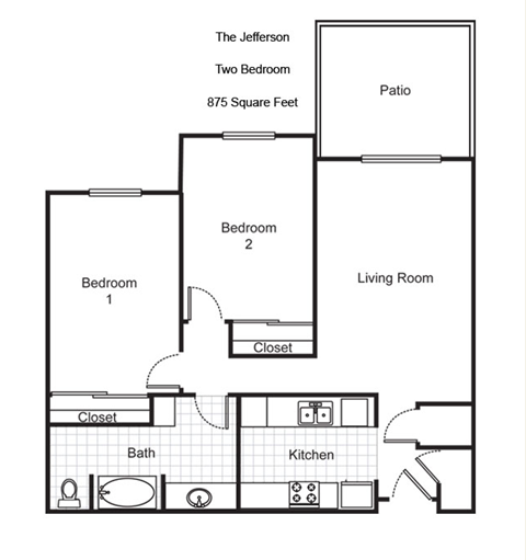 Floor plan for 2 beds, 1 bath, 875 sqft