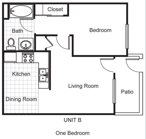 Floor plan for 1 bed, 1 bath, 582 sqft