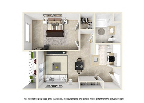 Floor plan for 1 bed, 1 bath, 636 sqft