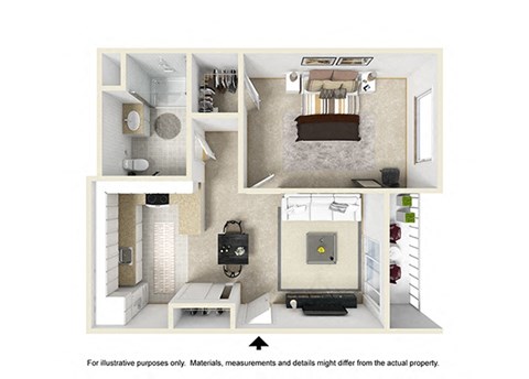 Floor plan for 1 bed, 1 bath, 633 sqft