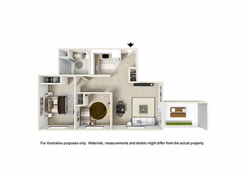 Floor plan for 2 beds, 1 bath, 855 sqft