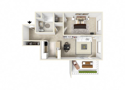 Floor plan for 1 bed, 1 bath, 656 sqft