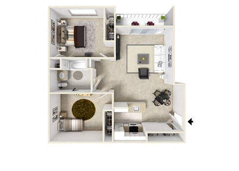 Floor plan for 2 beds, 1 bath, 844 sqft