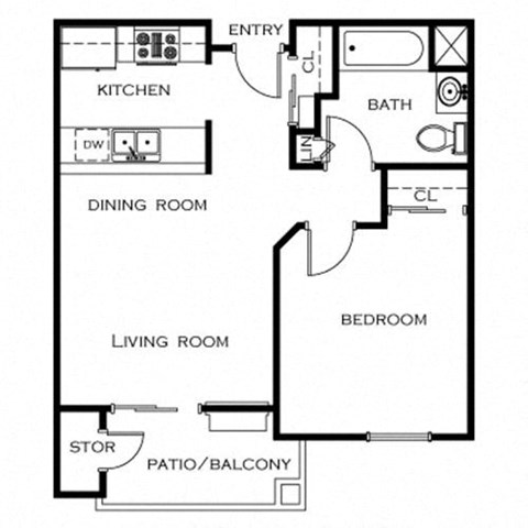 Floor plan for 1 bed, 1 bath, 550 sqft