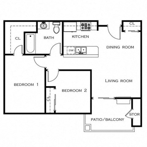 Floor plan for 2 beds, 1 bath, 700 sqft