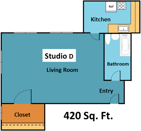 Floor plan for studio, 1 bath, 420 sqft