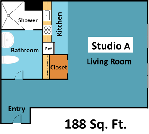 Floor plan for studio, 1 bath, 188 sqft