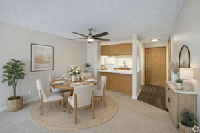 Seattle apartment for rent - A dining room with a round table and chairs.