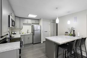 Seattle apartment for rent - an open kitchen with a large island, plank flooring, and stainless steel appliances at Willows Court Apartment Homes, Seattle