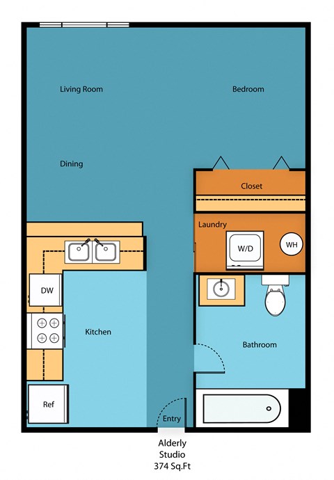 Floor plan for studio, 1 bath, 553 sqft